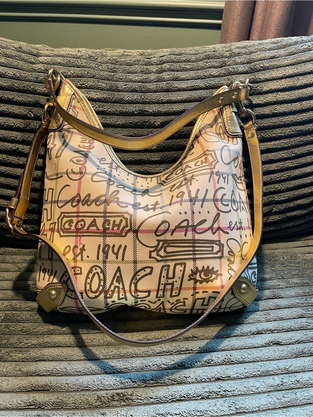 Coach Tattersall Gold Graffiti Logo Hobo Bag in Cream and Tan with Pink Accents